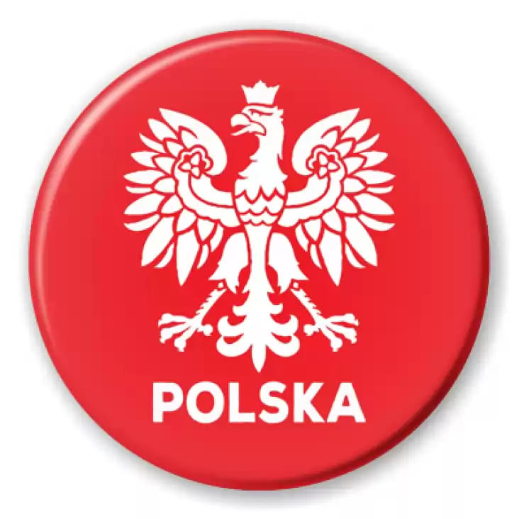 przypinka Orzeł i napis Polska na czerwonym tle