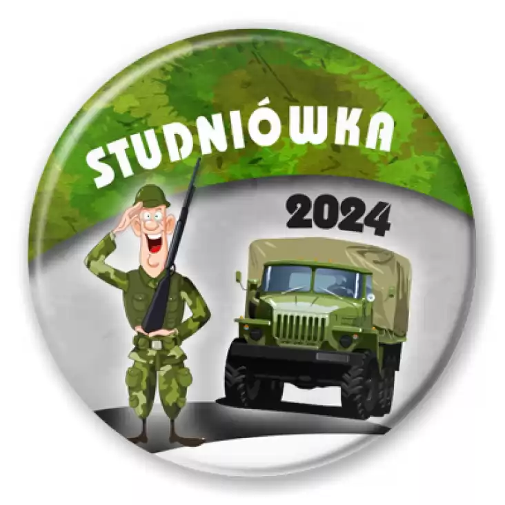 przypinka Studniówka żołnierz i wóz bojowy
