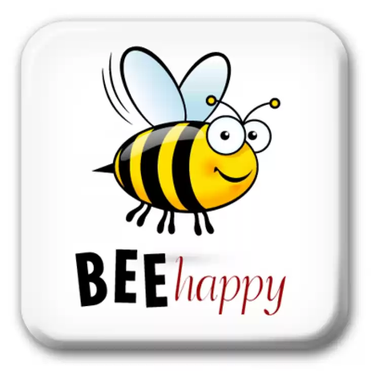 przypinka kwadrat Bee happy Bądź szczęśliwy