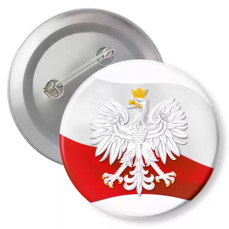 przypinka z agrafką Orzeł w koronie na tle powiewającej flagi Polski