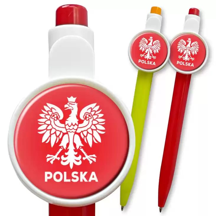 przypinka długopis Orzeł i napis Polska na czerwonym tle