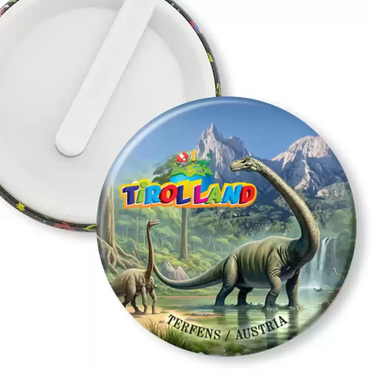 przypinka klips Brachiozaur na tle Alp Tirolland