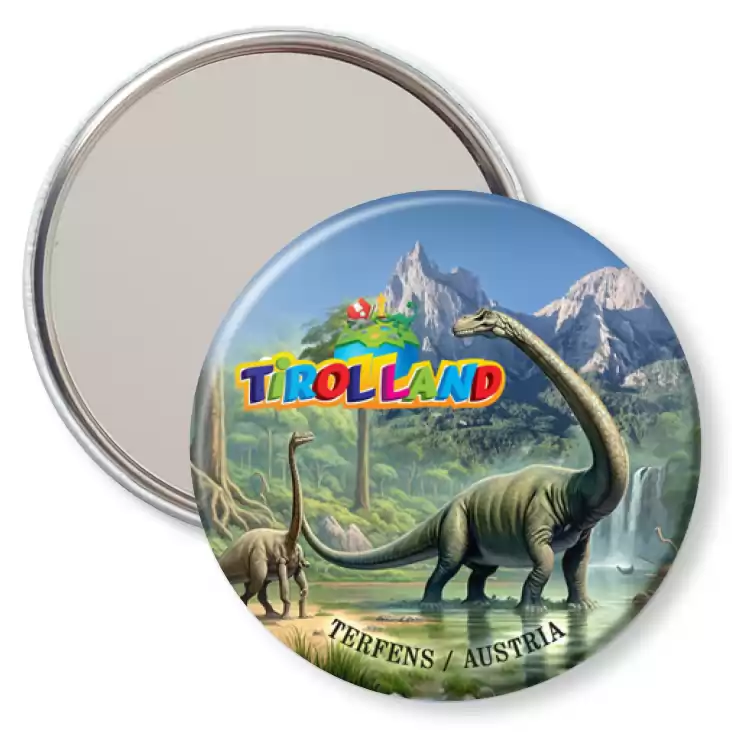 przypinka lusterko Brachiozaur na tle Alp Tirolland