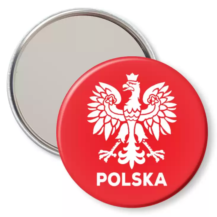 przypinka lusterko Orzeł i napis Polska na czerwonym tle