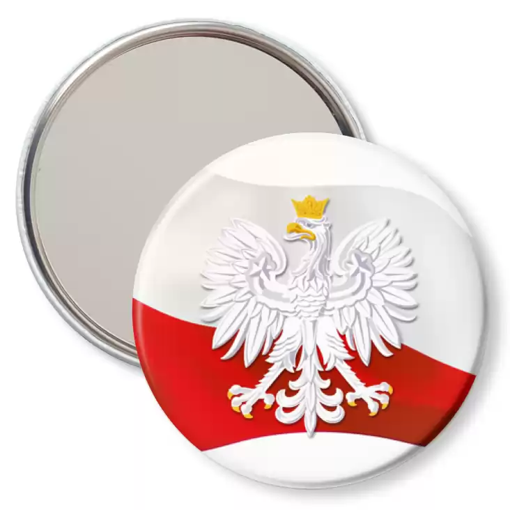 przypinka lusterko Orzeł w koronie na tle powiewającej flagi Polski