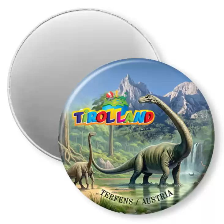 przypinka magnes Brachiozaur na tle Alp Tirolland