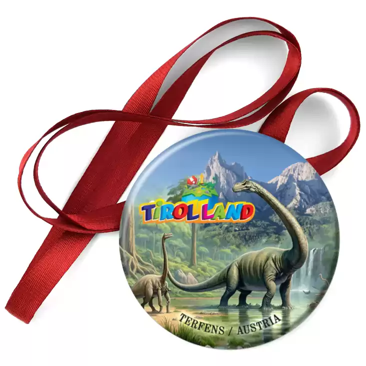 przypinka medal Brachiozaur na tle Alp Tirolland