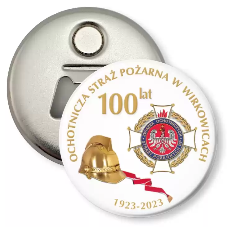 przypinka otwieracz-magnes 100 lat Ochotniczej Straży Pożarnej w Wirkowicach