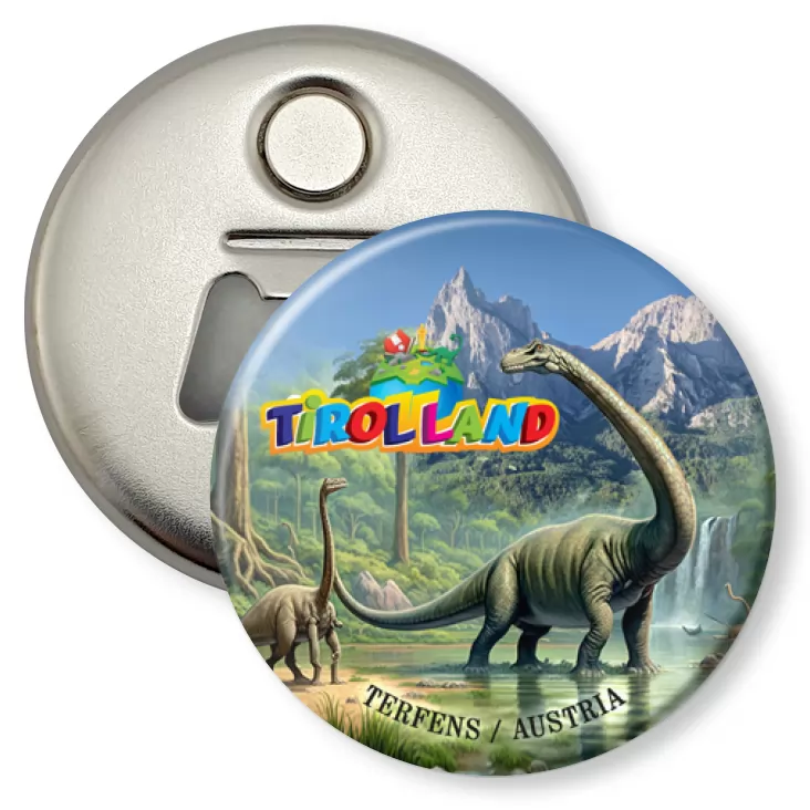 przypinka otwieracz-magnes Brachiozaur na tle Alp Tirolland