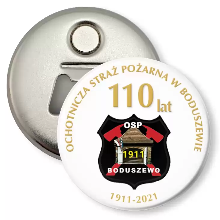 przypinka otwieracz-magnes Jubileusz 110 lat OSP Boduszewo