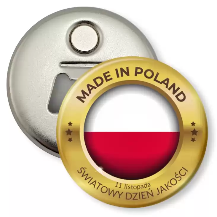 przypinka otwieracz-magnes Made in Poland Światowy Dzień Jakości