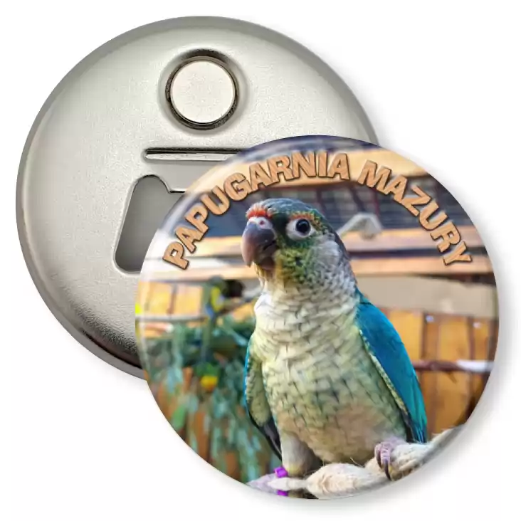 przypinka otwieracz-magnes Papugarnia Mazury seledynowy ptak