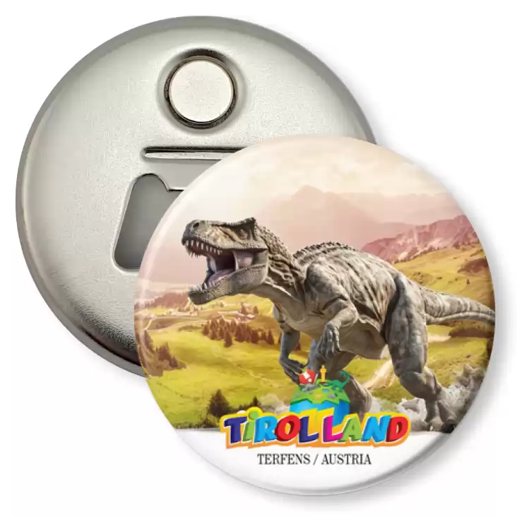 przypinka otwieracz-magnes Tyranozaur na tle Alp Tirolland