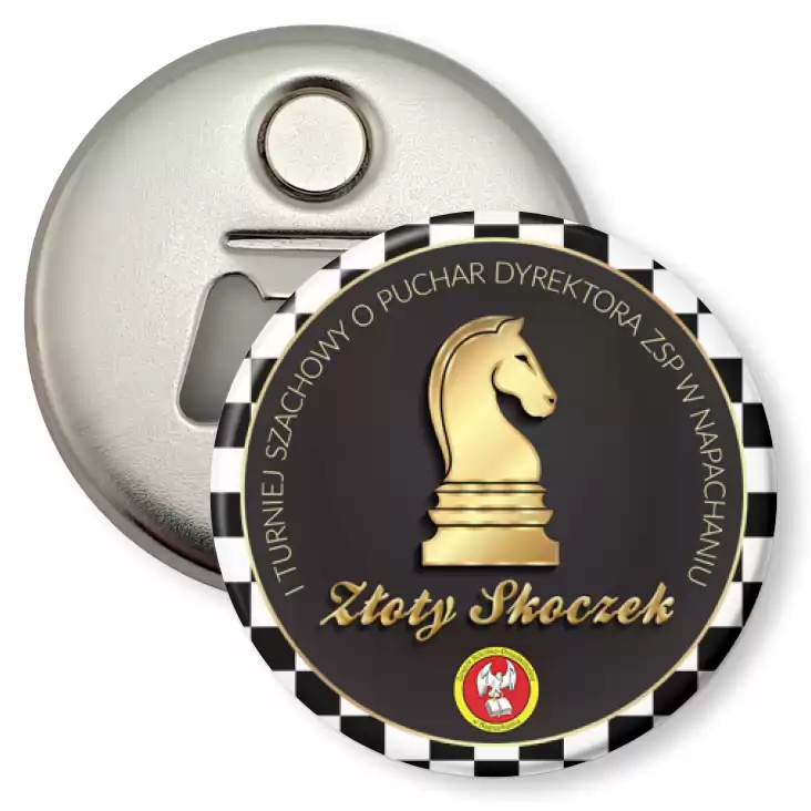 przypinka otwieracz-magnes Pierwszy Turniej Szachowy Złoty Skoczek 2022