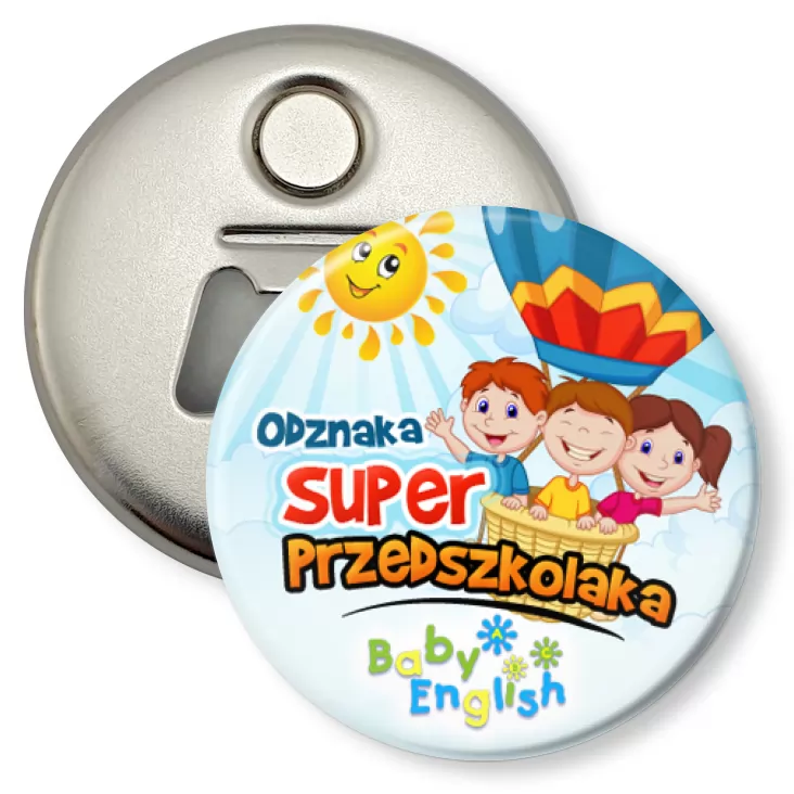 przypinka otwieracz-magnes Baby English Odznaka Super Przedszkolaka