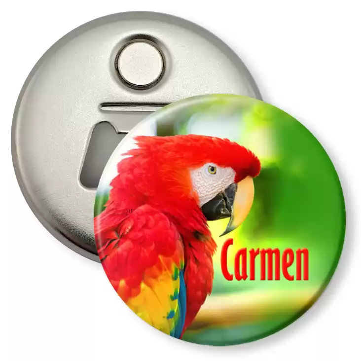 przypinka otwieracz-magnes Papugarnia Carmen