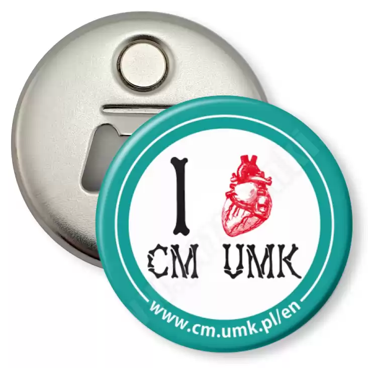 przypinka otwieracz-magnes I love CM UMK