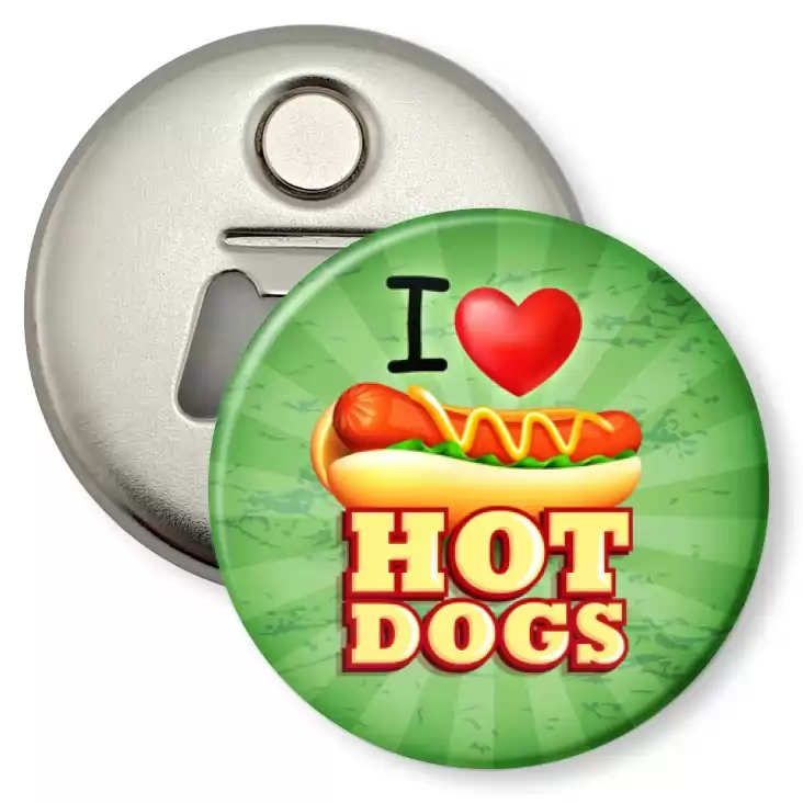 przypinka otwieracz-magnes I love Hot-Dogs
