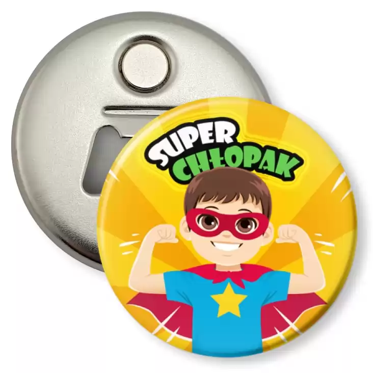 przypinka otwieracz-magnes Super Chłopak na żółtym tle Dzień Chłopaka
