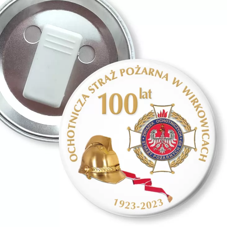 przypinka z żabką 100 lat Ochotniczej Straży Pożarnej w Wirkowicach