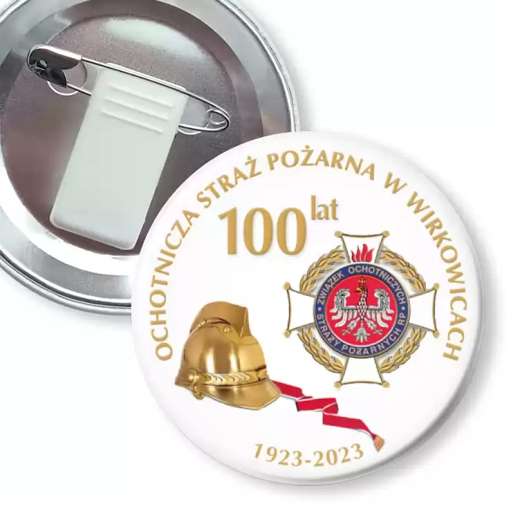 przypinka z żabką i agrafką 100 lat Ochotniczej Straży Pożarnej w Wirkowicach