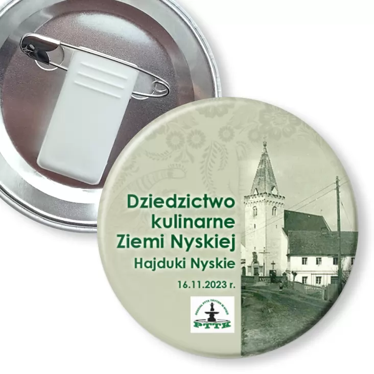 przypinka z żabką i agrafką Dziedzictwo kulinarne Ziemi Nyskiej - Hajduki Nyskie