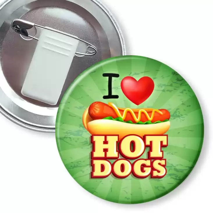 przypinka z żabką i agrafką I love Hot-Dogs