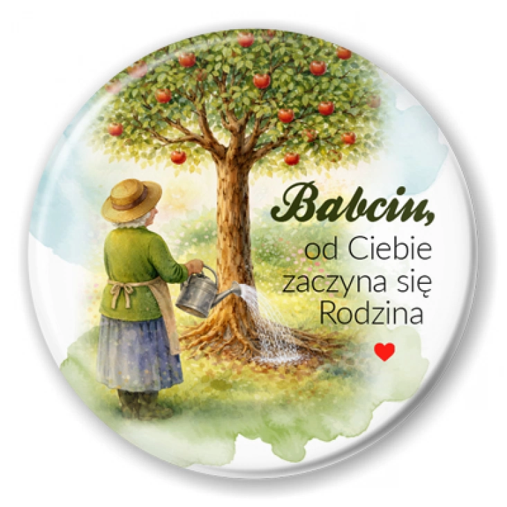 przypinka Babcia pielęgnuje drzewo rodzinne