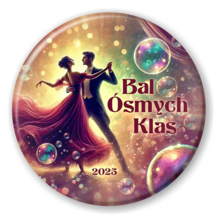 przypinka Bal Ósmoklasisty bordowa para z bańkami mydlanymi