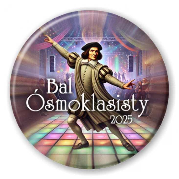 przypinka Bal Ósmoklasisty z tańczącym Kopernikiem