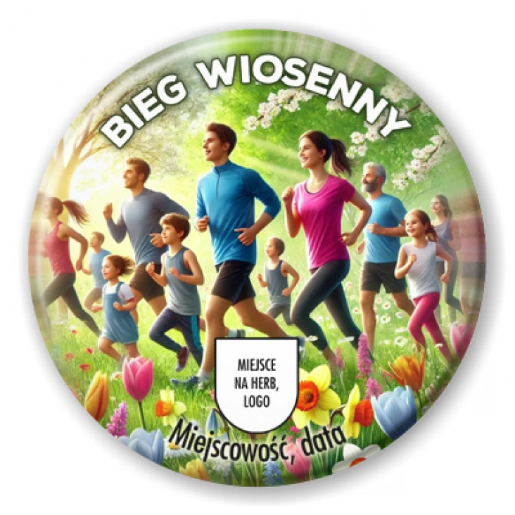 przypinka Bieg wiosenny pośród kwiatów