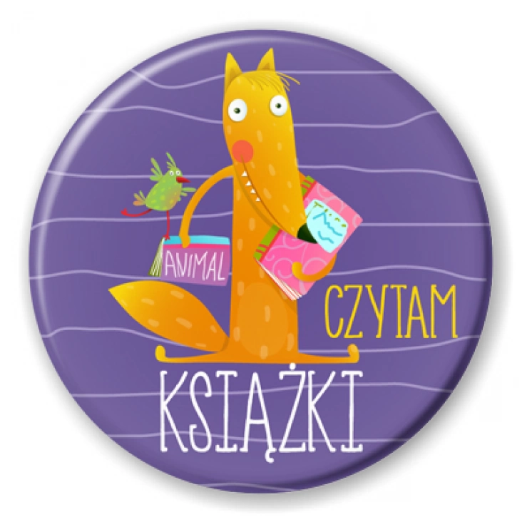przypinka Czytam książki lisek na fioletowym tle