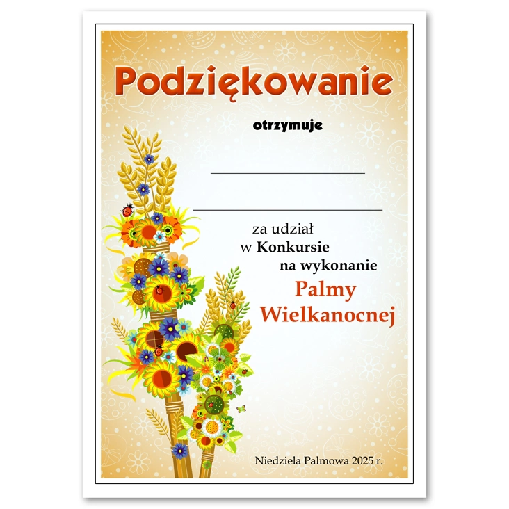 dyplom Podziękowanie za udział w konkursie na Palmę Wielkanocną