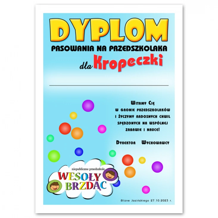 dyplom Przedszkole Wesoły Brzdąc Kropeczki Pasowanie na przedszkolaka