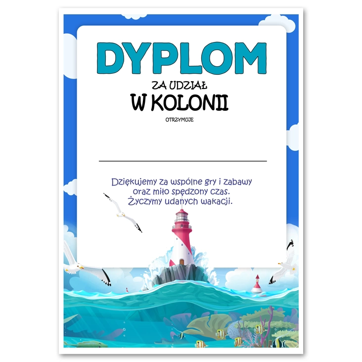 dyplom Za udział w kolonii letniej nad morzem