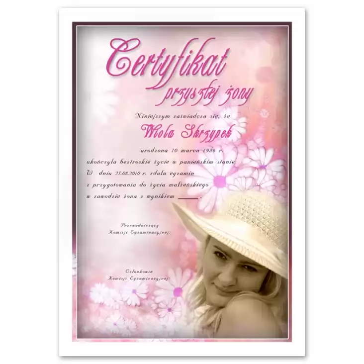 dyplom Certyfikat przyszłej żony
