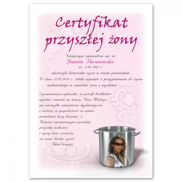 dyplom Certyfikat przyszłej żony