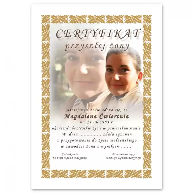 dyplom Certyfikat Przyszłej Żony