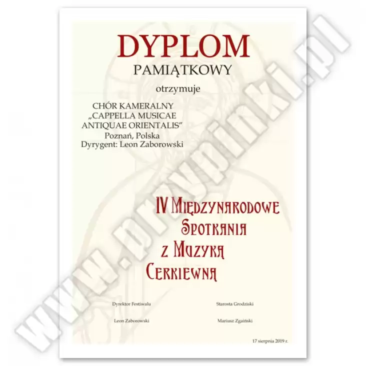 dyplom IV Międzynarodowe Spotkania z Muzyką Cerkiewną 