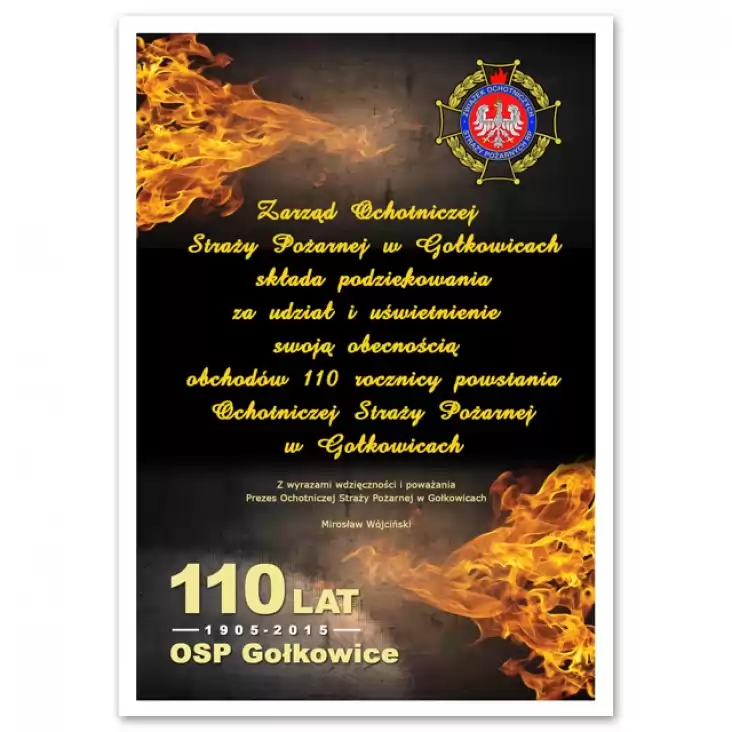 dyplom Podziękowanie OSP w Gołkowicach
