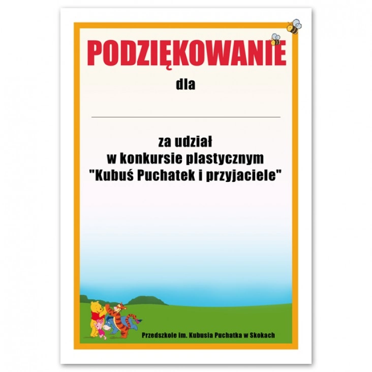 dyplom Przedszkole im. Kubusia Puchatka w Skokach - podziękowanie