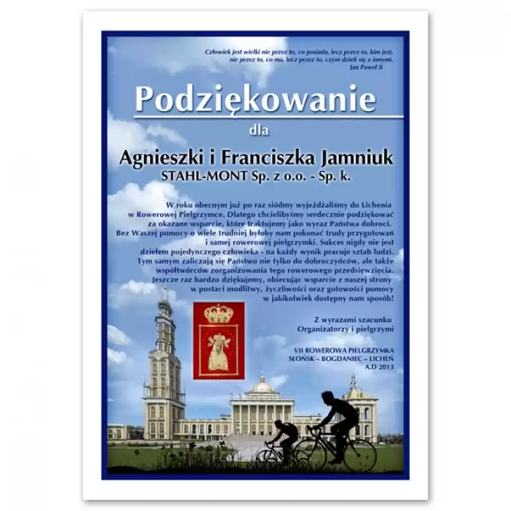 dyplom Rowerowa Pielgrzymka do Lichenia 2013