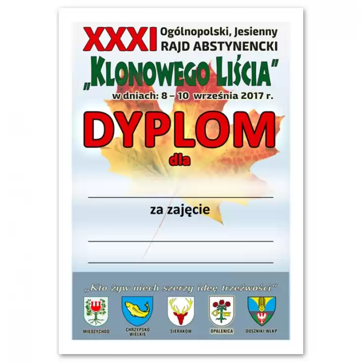 dyplom XXXI Ogólnopolski Rajd Abstynencki Klonowego Liścia liść abstynent