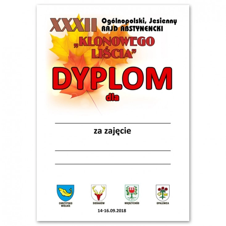 dyplom XXXII Ogólnopolski Rajd Abstynencki Klonowego Liścia