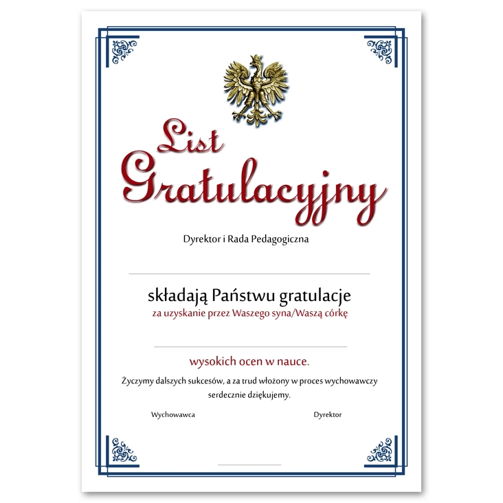 dyplomList gratulacyjny dla rodziców
