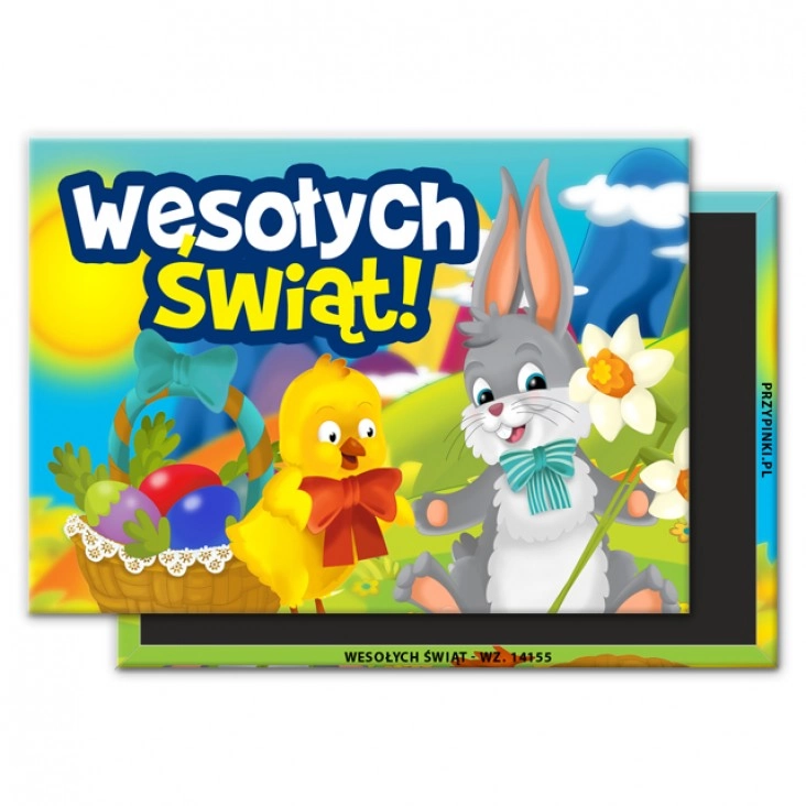 magnes 90x65mm Wesołych Świąt Wielkanocnych zając z kurczakiem