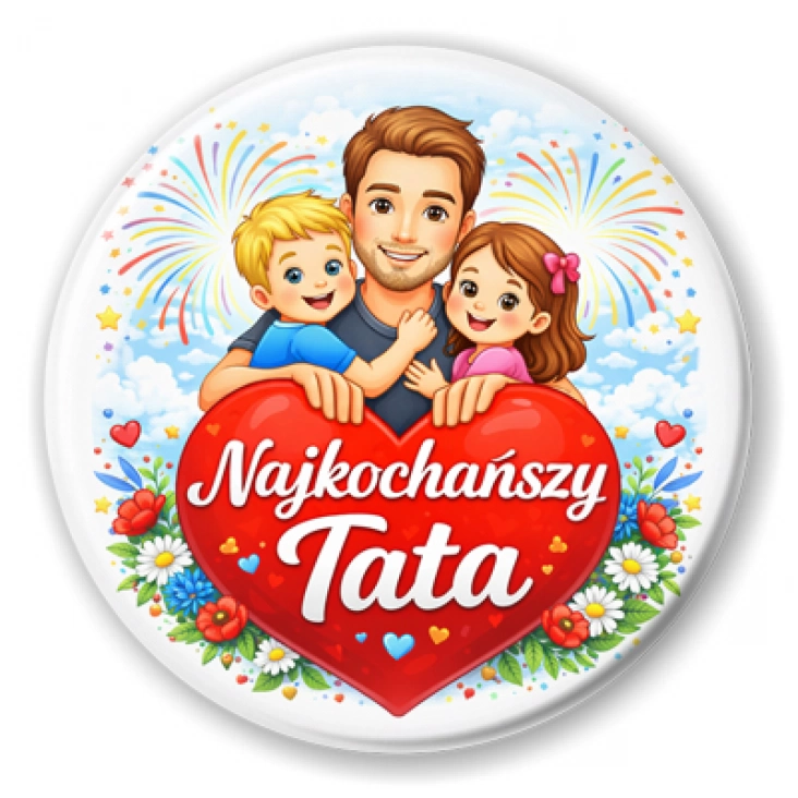 przypinka Najkochańszy Tata z dziećmi i fajerwerkami