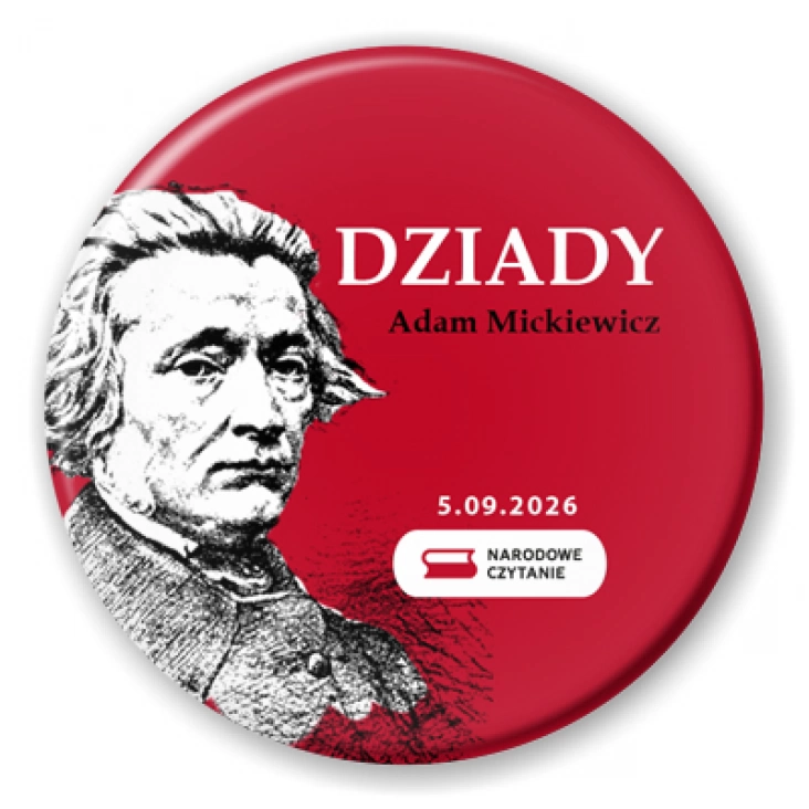 przypinka Narodowe Czytanie Dziady na czerwonym tle