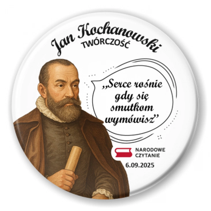 przypinka Narodowe Czytanie z cytatem Jana Kochanowskiego