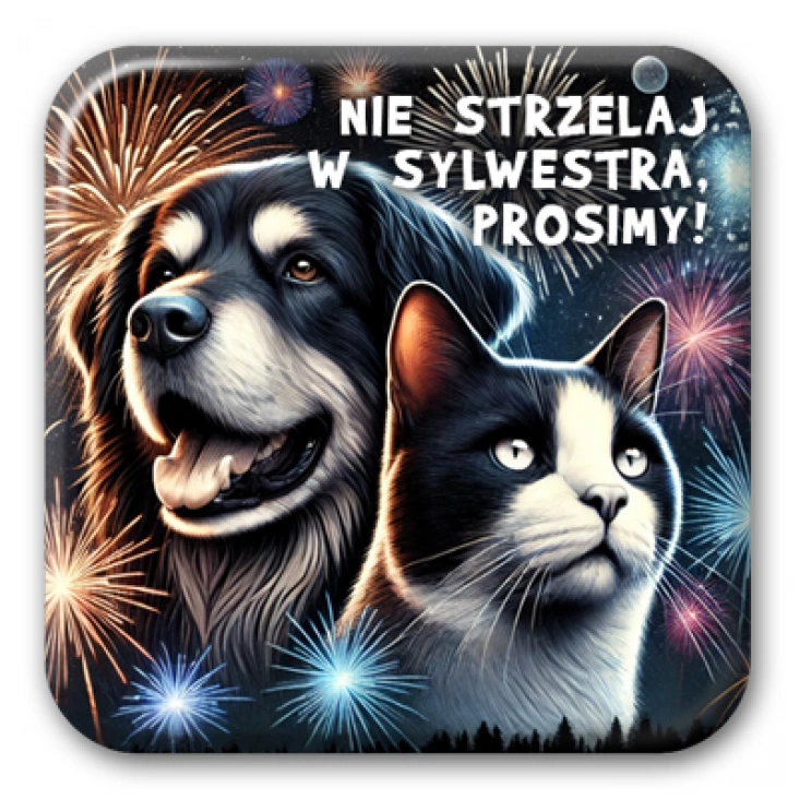 przypinka kwadrat Nie strzelaj w sylwestra, prosimy